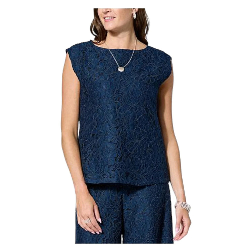 WynneCollection Occasion Sleeveless Lace Shell Midnight Blue - Regular